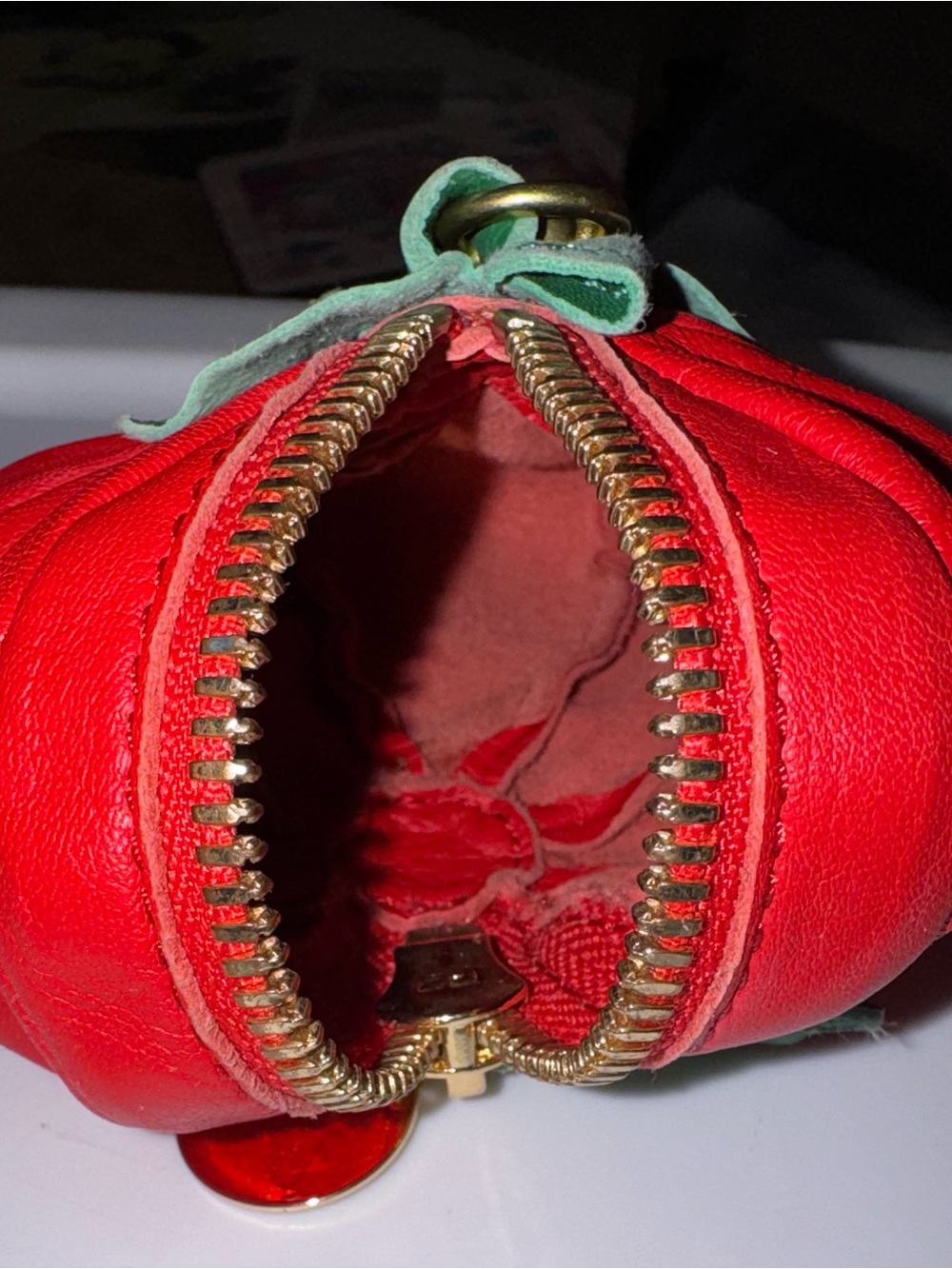 Clare V Red Leather Cherry Pouch with Green Leaf Detail - Picture 3 of 3